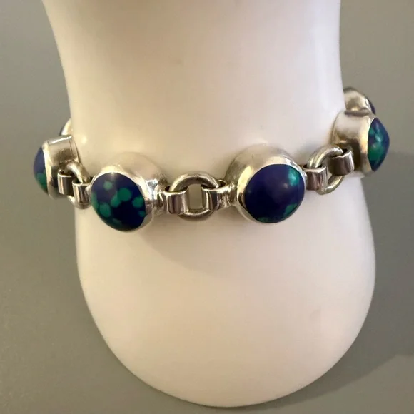 Taxco Silver Bracelet with Blue and Green Accents - Picture 9 of 9